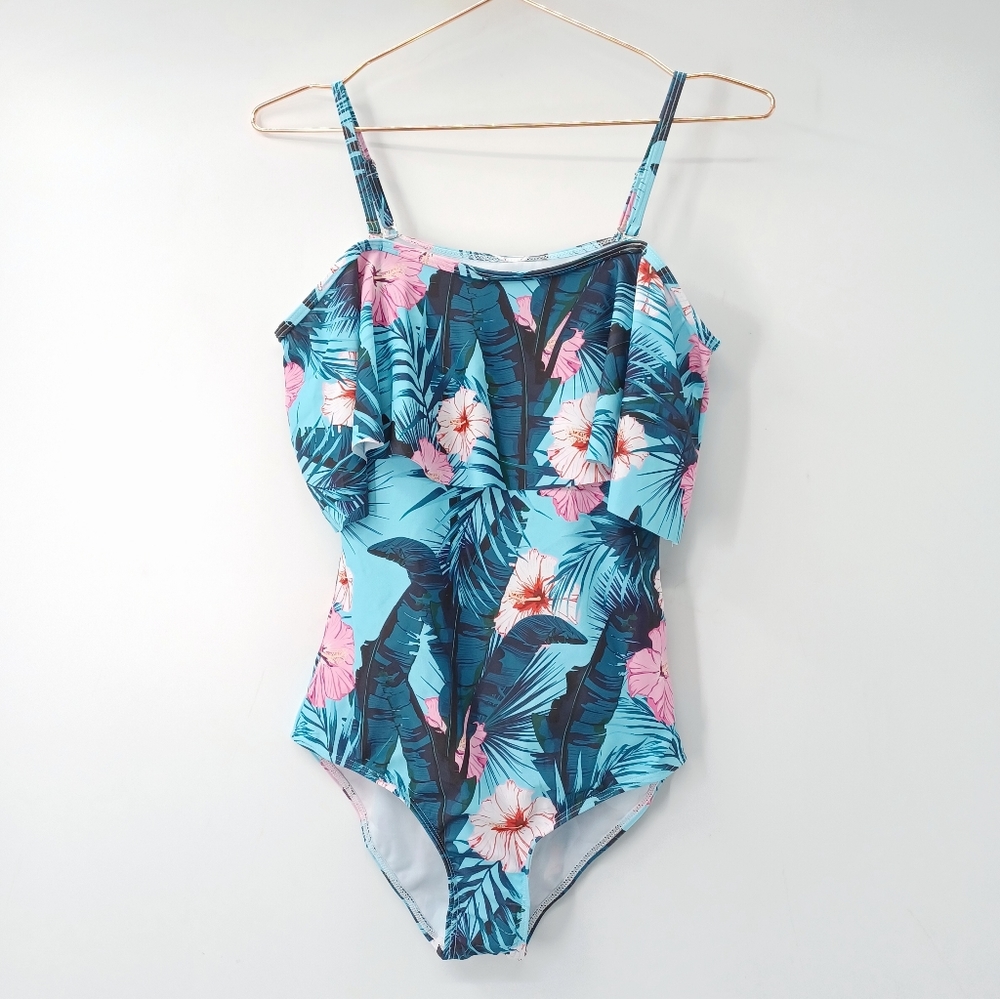 IFFEI One-Piece Blue Palm Tree Off the Shoulder Swimsuit